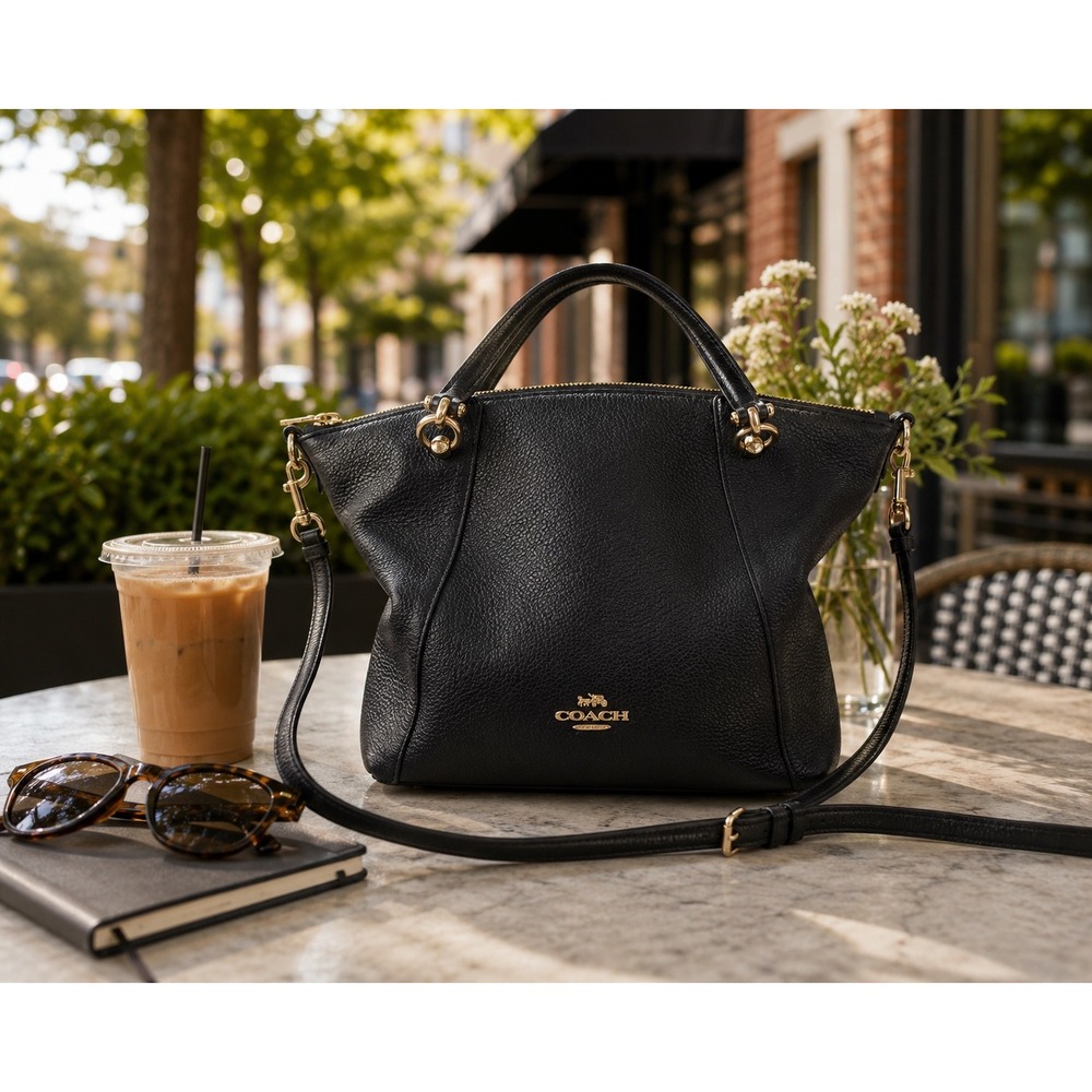 Coach Kelsey Satchel Black Pebble Leather Crossbody Bag Purse Gold Hardware